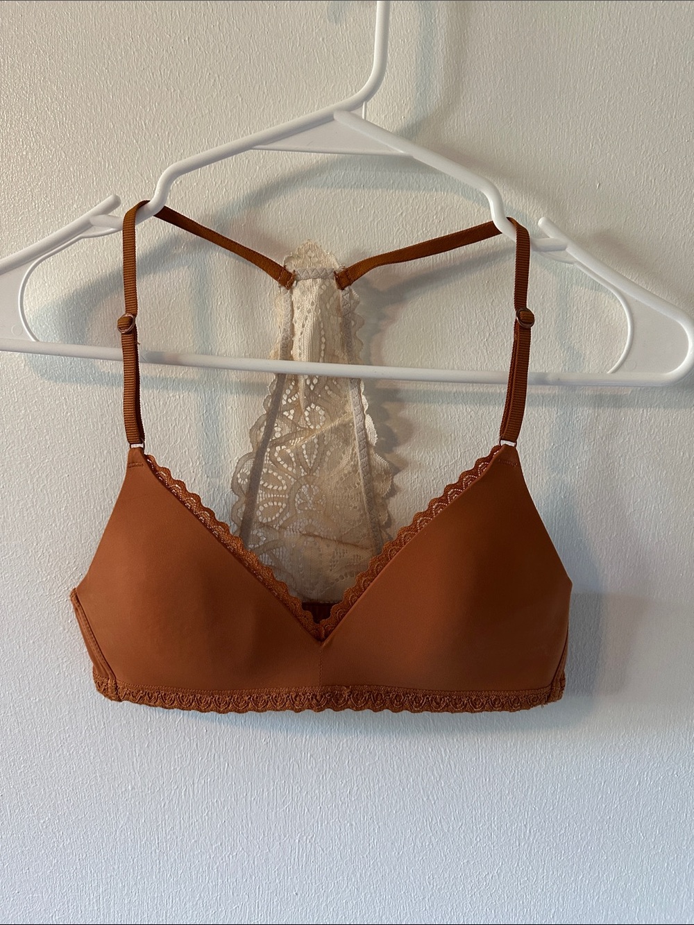 aerie Lace Racerback Wireless Bralette in Rust Brown